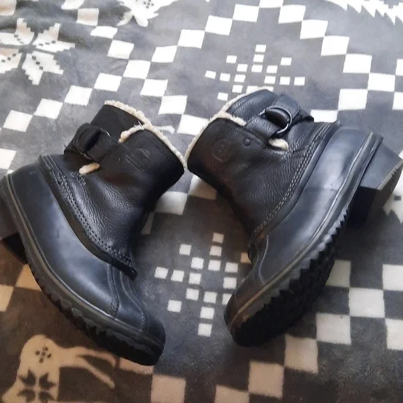 Sorel Black Leather Ankle Rubber Sherpa Lined Boots NL2135-010 Size 9 - Picture 4 of 16